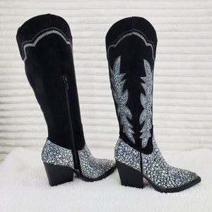 Cape Robbin Black and Silver Embellished Western Knee-High Heeled Boots